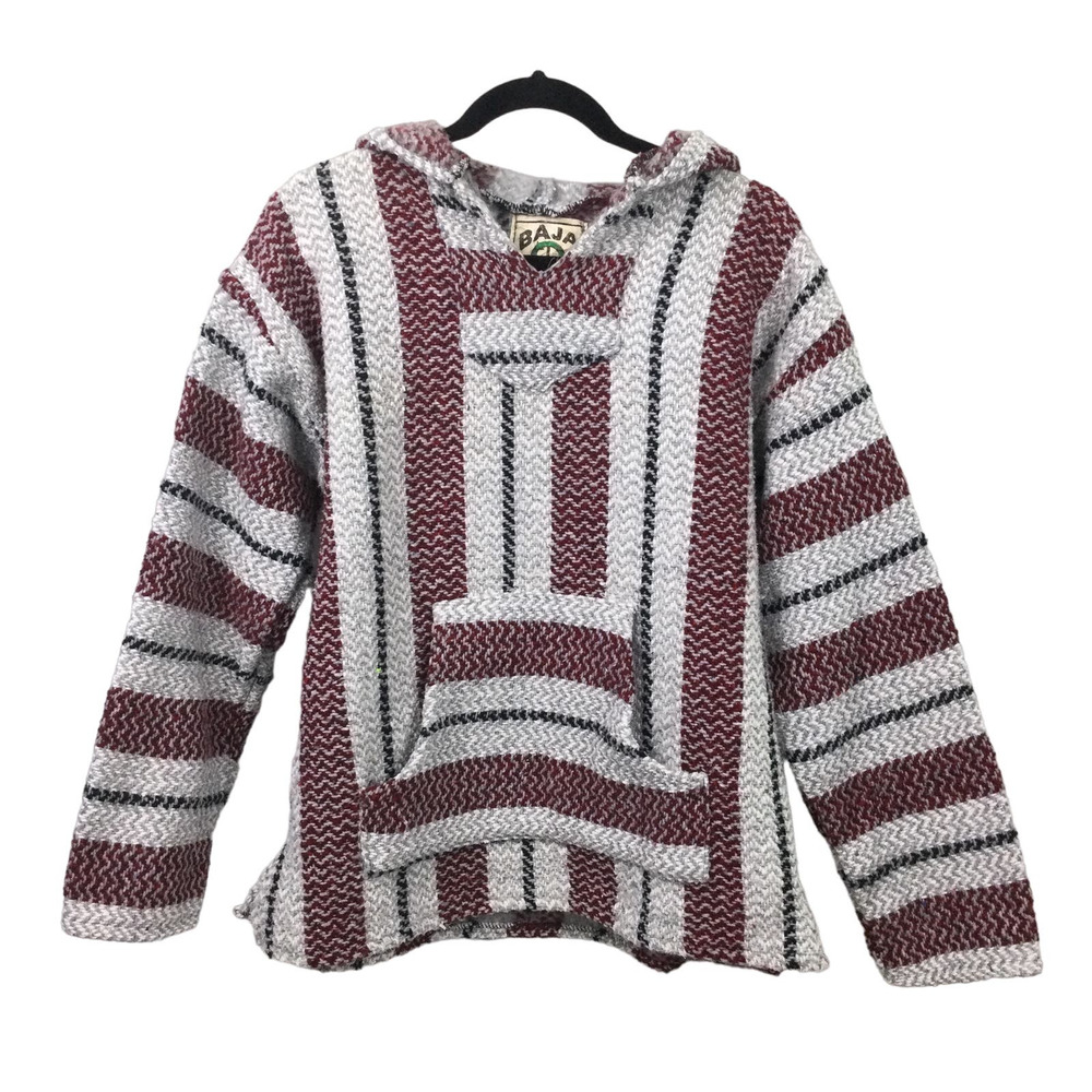 Baja Joe Men's Gray Striped Kangaroo Pocket Hippie Hooded Pullover M